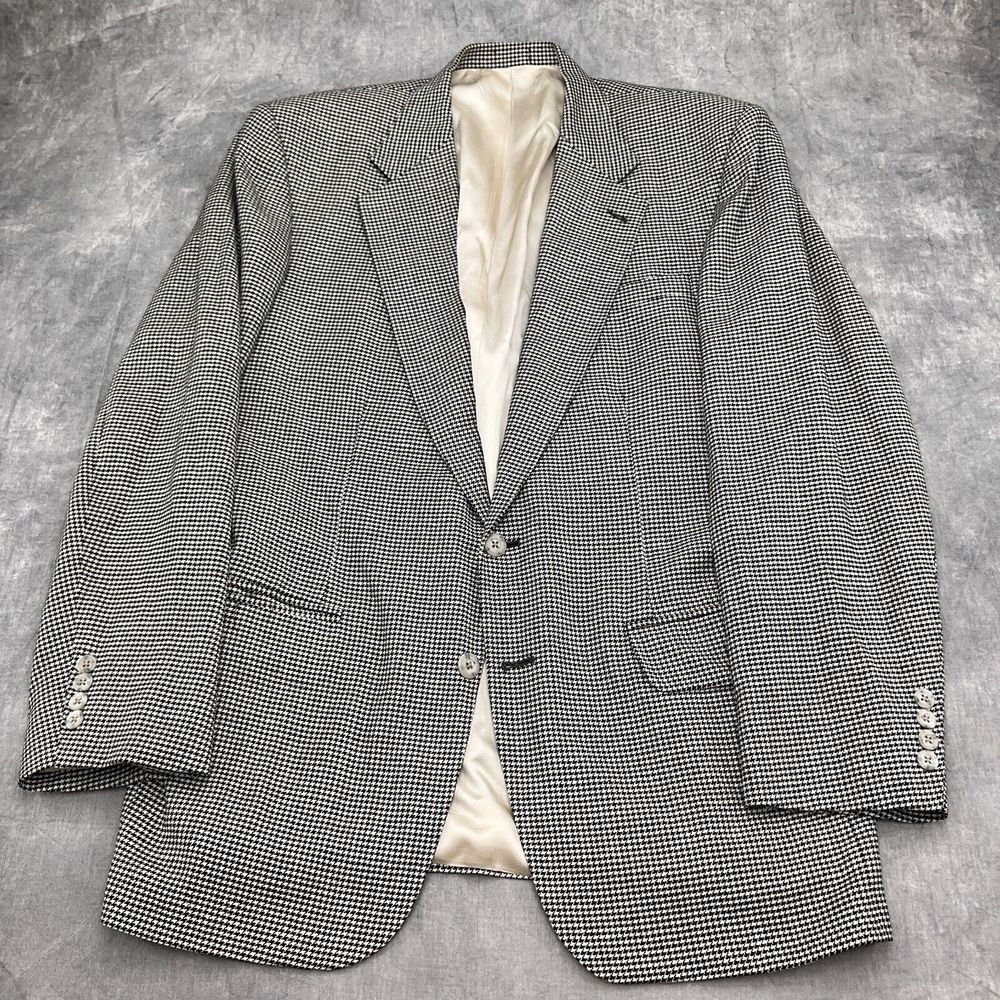 Stafford Blazer Men 42L Black White Houndstooth Silk‎ Wool Classic Jacket
